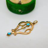Edwardian 9ct Gold, Turquoise & Seed Pearl Lavalier Drop Pendant Antique c1910
