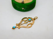 Edwardian 9ct Gold, Turquoise & Seed Pearl Lavalier Drop Pendant Antique c1910