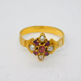 Victorian 18ct Yellow Gold, Ruby & Pearl Set Floral Dress Ring Antique c1860