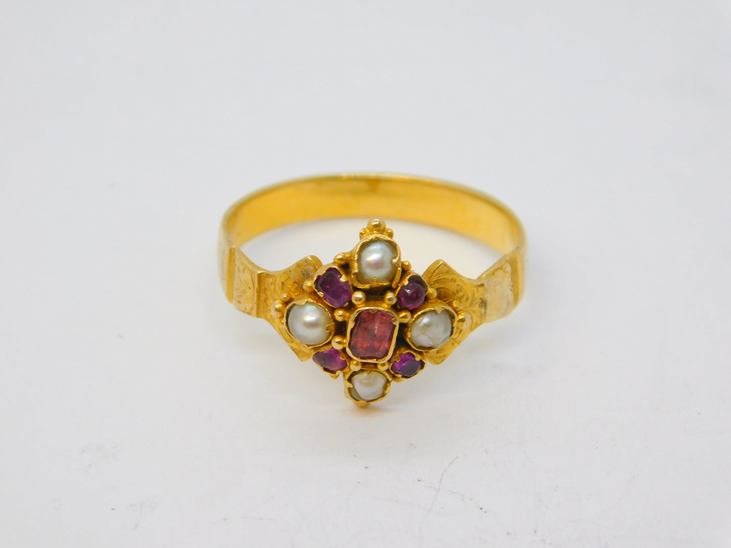 Victorian 18ct Yellow Gold, Ruby & Pearl Set Floral Dress Ring Antique c1860