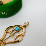 Edwardian 9ct Gold, Turquoise & Seed Pearl Lavalier Drop Pendant Antique c1910