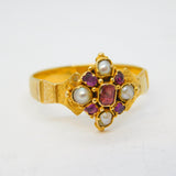 Victorian 18ct Yellow Gold, Ruby & Pearl Set Floral Dress Ring Antique c1860