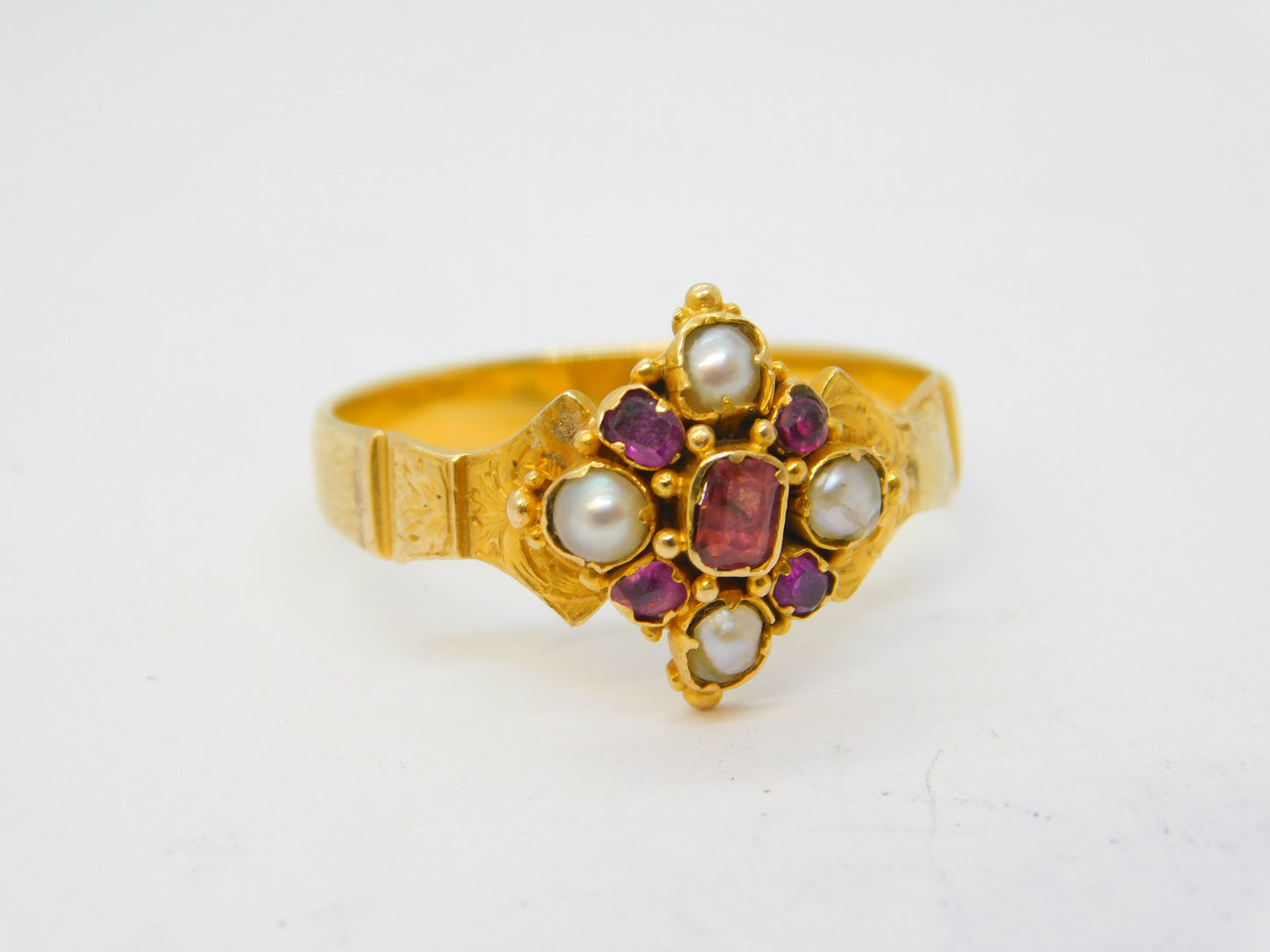 Victorian 18ct Yellow Gold, Ruby & Pearl Set Floral Dress Ring Antique c1860