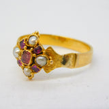 Victorian 18ct Yellow Gold, Ruby & Pearl Set Floral Dress Ring Antique c1860