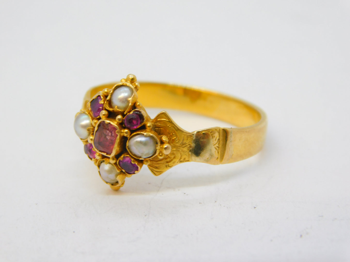 Victorian 18ct Yellow Gold, Ruby & Pearl Set Floral Dress Ring Antique c1860