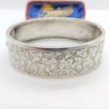 Victorian Aesthetic Sterling Silver Leaf Pattern Cuff Bangle Antique c1880