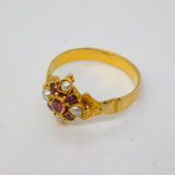 Victorian 18ct Yellow Gold, Ruby & Pearl Set Floral Dress Ring Antique c1860