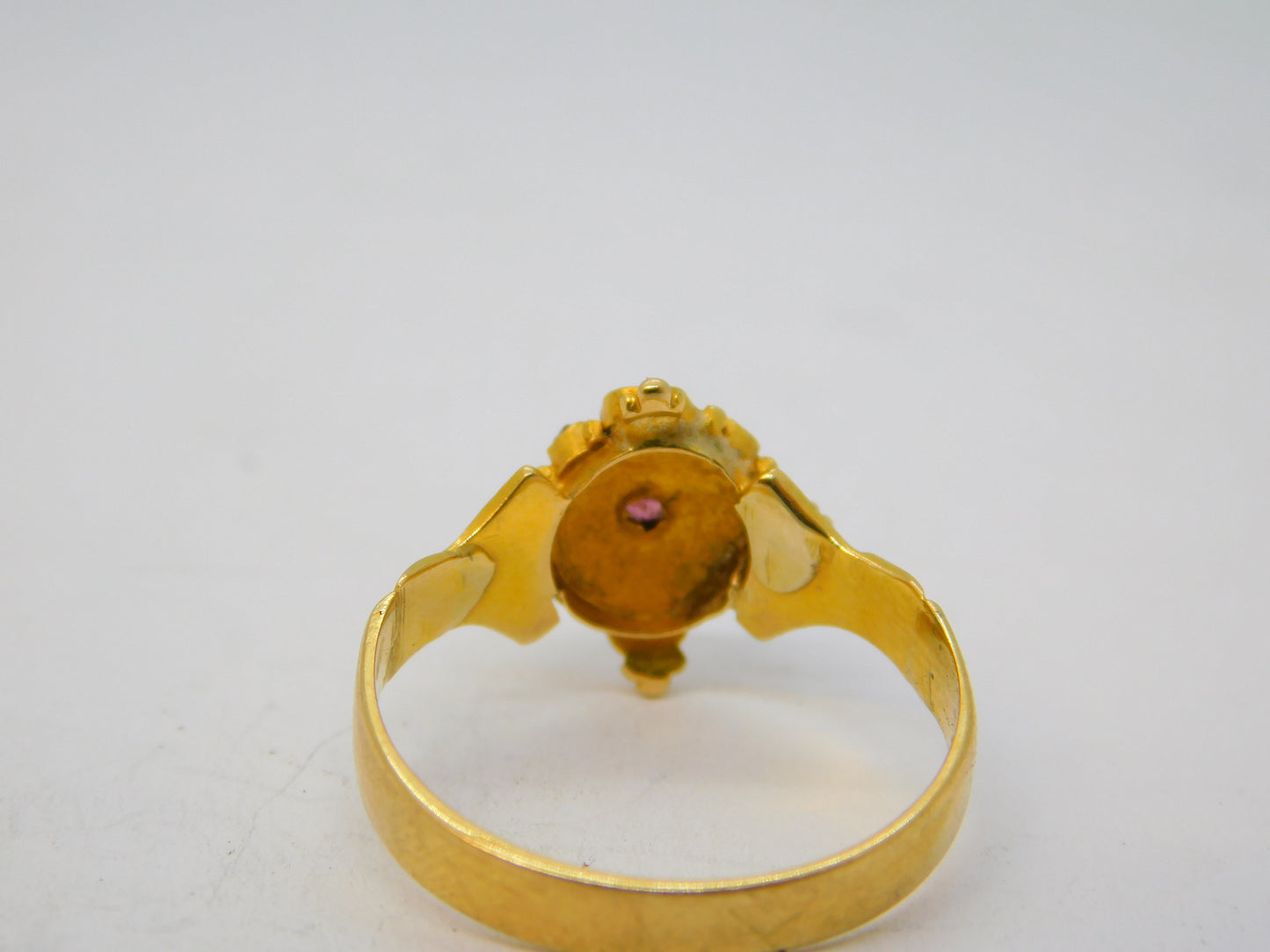 Victorian 18ct Yellow Gold, Ruby & Pearl Set Floral Dress Ring Antique c1860