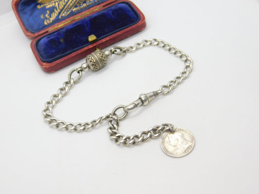 Victorian Sterling Silver Albert or Albertina Link Bracelet with Coin Fob c1890