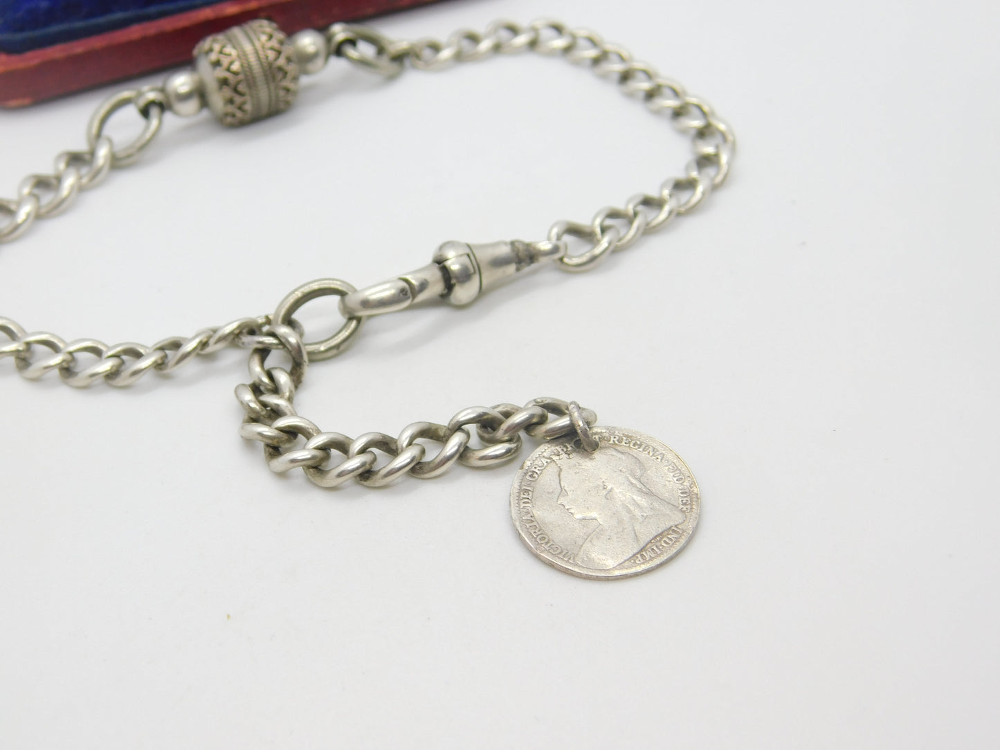 Victorian Sterling Silver Albert or Albertina Link Bracelet with Coin Fob c1890