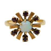 9ct Yellow Gold, Opal & Garnet Floral Statement Ring Vintage 1972 London