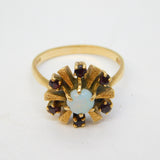 9ct Yellow Gold, Opal & Garnet Floral Statement Ring Vintage 1972 London