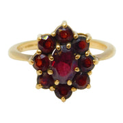 9ct Yellow Gold, Bohemian Garnet Set Floral Cluster Ring Vintage 1967 London
