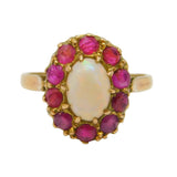 9ct Yellow Gold, Cabochon Opal & Ruby Floral Cluster Ring Vintage London