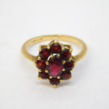 9ct Yellow Gold, Bohemian Garnet Set Floral Cluster Ring Vintage 1967 London