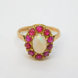 9ct Yellow Gold, Cabochon Opal & Ruby Floral Cluster Ring Vintage London