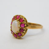 9ct Yellow Gold, Cabochon Opal & Ruby Floral Cluster Ring Vintage London