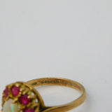 9ct Yellow Gold, Cabochon Opal & Ruby Floral Cluster Ring Vintage London