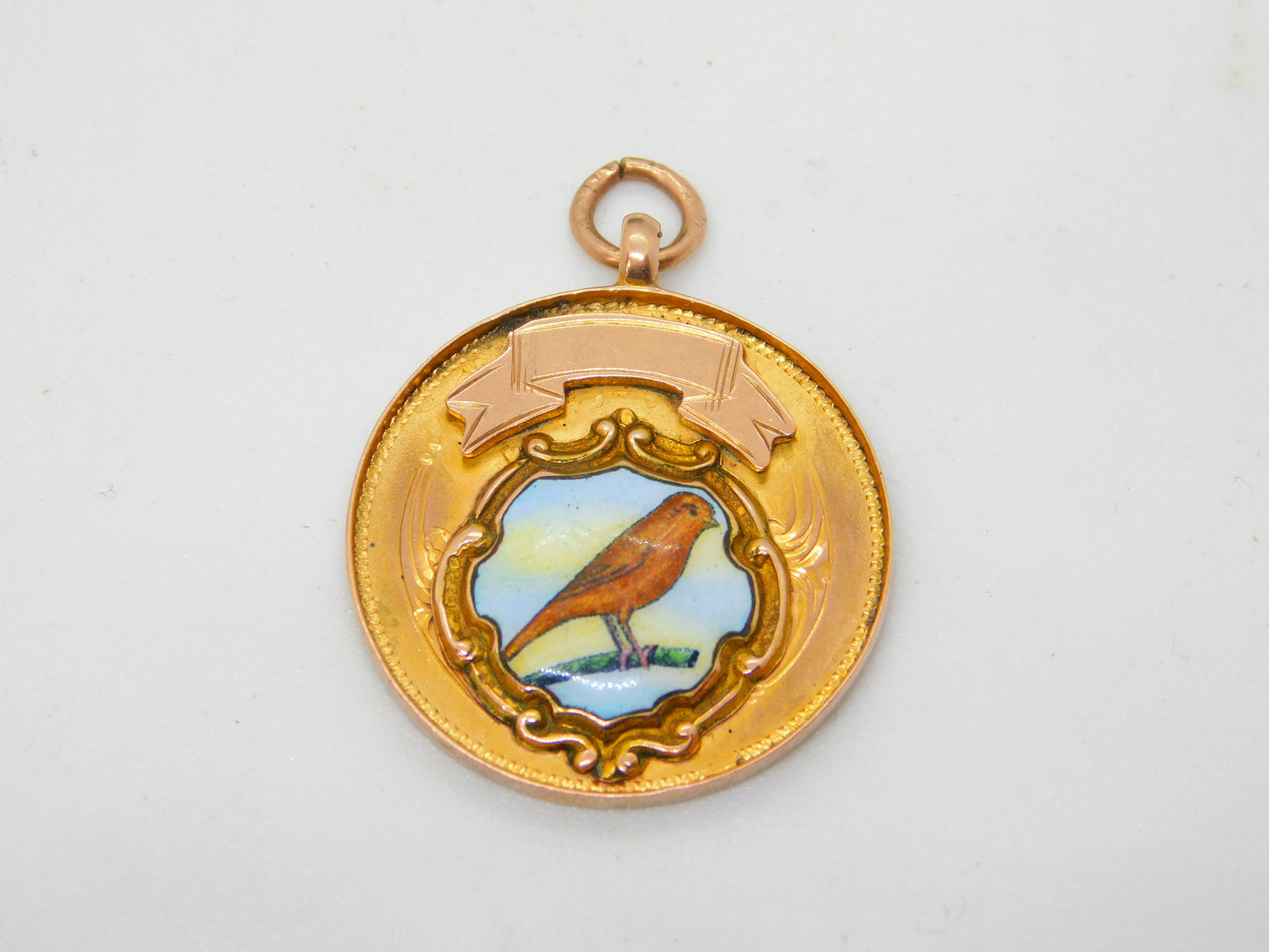 9ct Yellow Gold Enamel Racing Pigeon Sporting Fob Medal Antique 1934 Chester