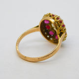9ct Yellow Gold, Cabochon Opal & Ruby Floral Cluster Ring Vintage London