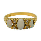 Victorian 18ct Gold, Three-Stone Opal & Diamond Boat Ring Antique c1880