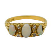 Victorian 18ct Gold, Three-Stone Opal & Diamond Boat Ring Antique c1880