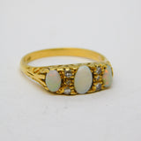 Victorian 18ct Gold, Three-Stone Opal & Diamond Boat Ring Antique c1880