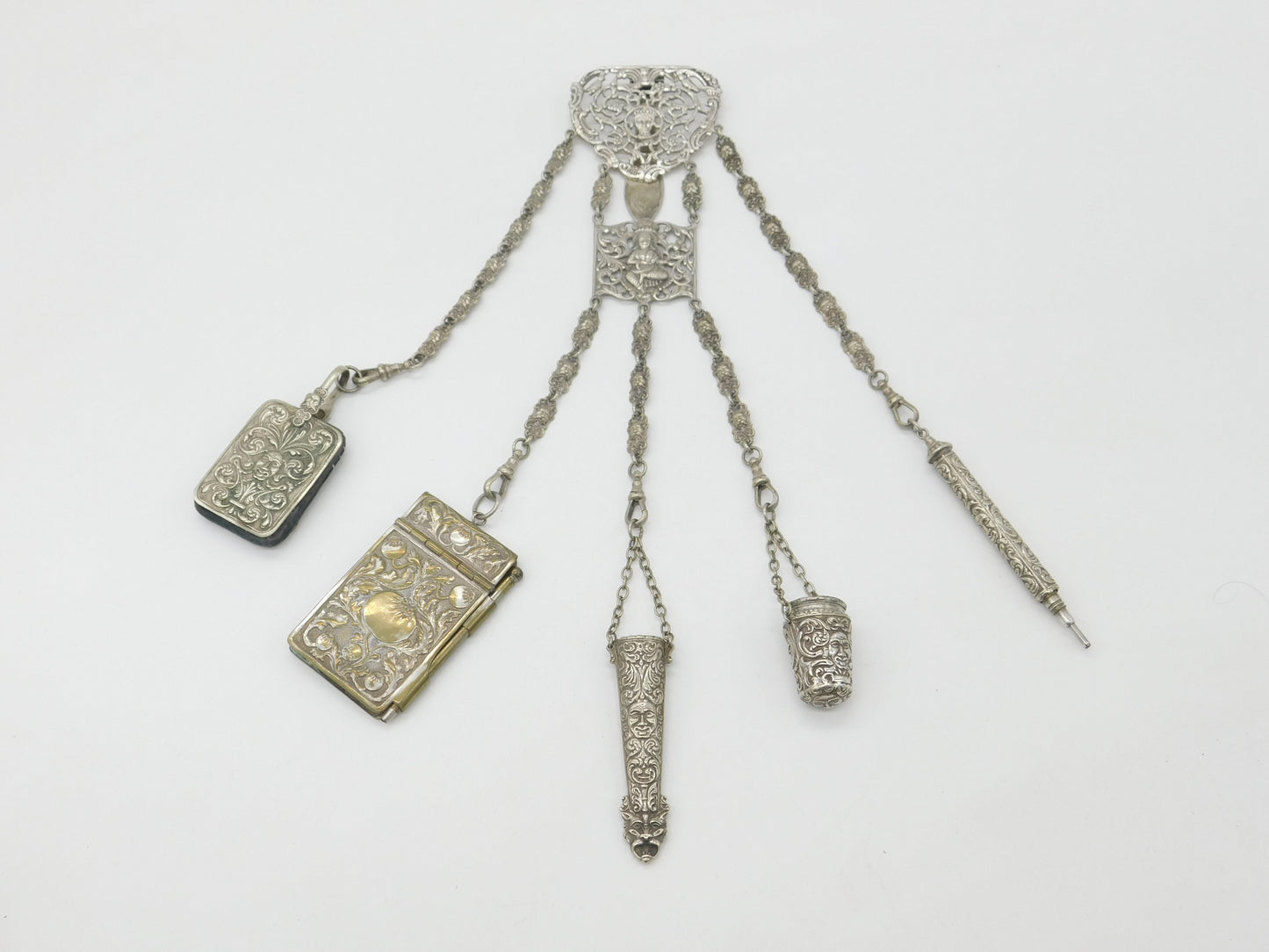 Victorian Art Nouveau Silver Plated Sewing Chatelaine with Tools c1880 Antique