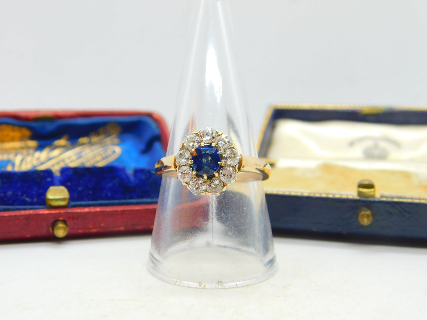 Sapphire and 2ct Diamond 14ct Yellow Gold Cluster Ring Vintage Art Deco c1920