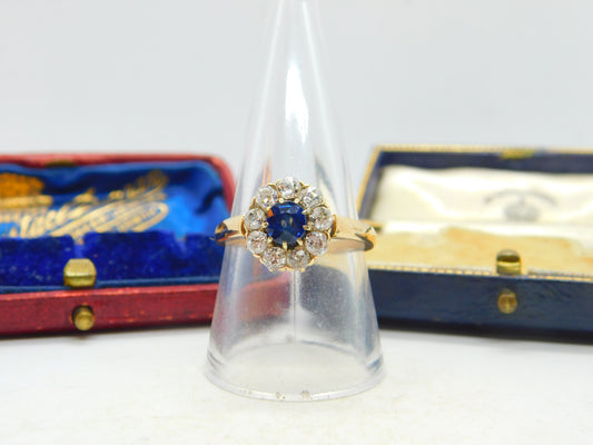 Sapphire and 2ct Diamond 14ct Yellow Gold Cluster Ring Vintage Art Deco c1920