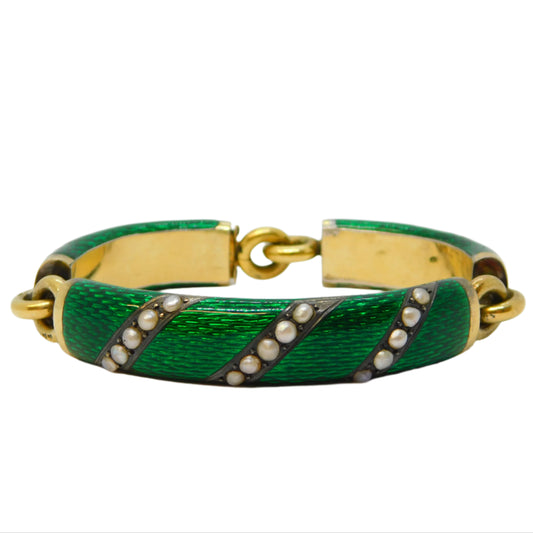 19th Century French 18ct Gold, Silver Gilt, Enamel, Pearl Bracelet Antique c1880