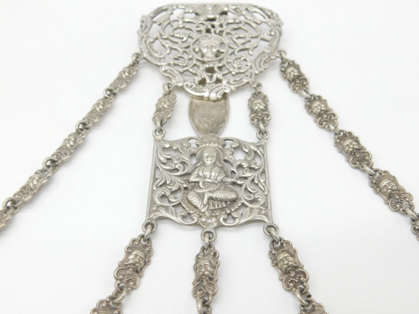 Victorian Art Nouveau Silver Plated Sewing Chatelaine with Tools c1880 Antique