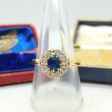 Sapphire and 2ct Diamond 14ct Yellow Gold Cluster Ring Vintage Art Deco c1920