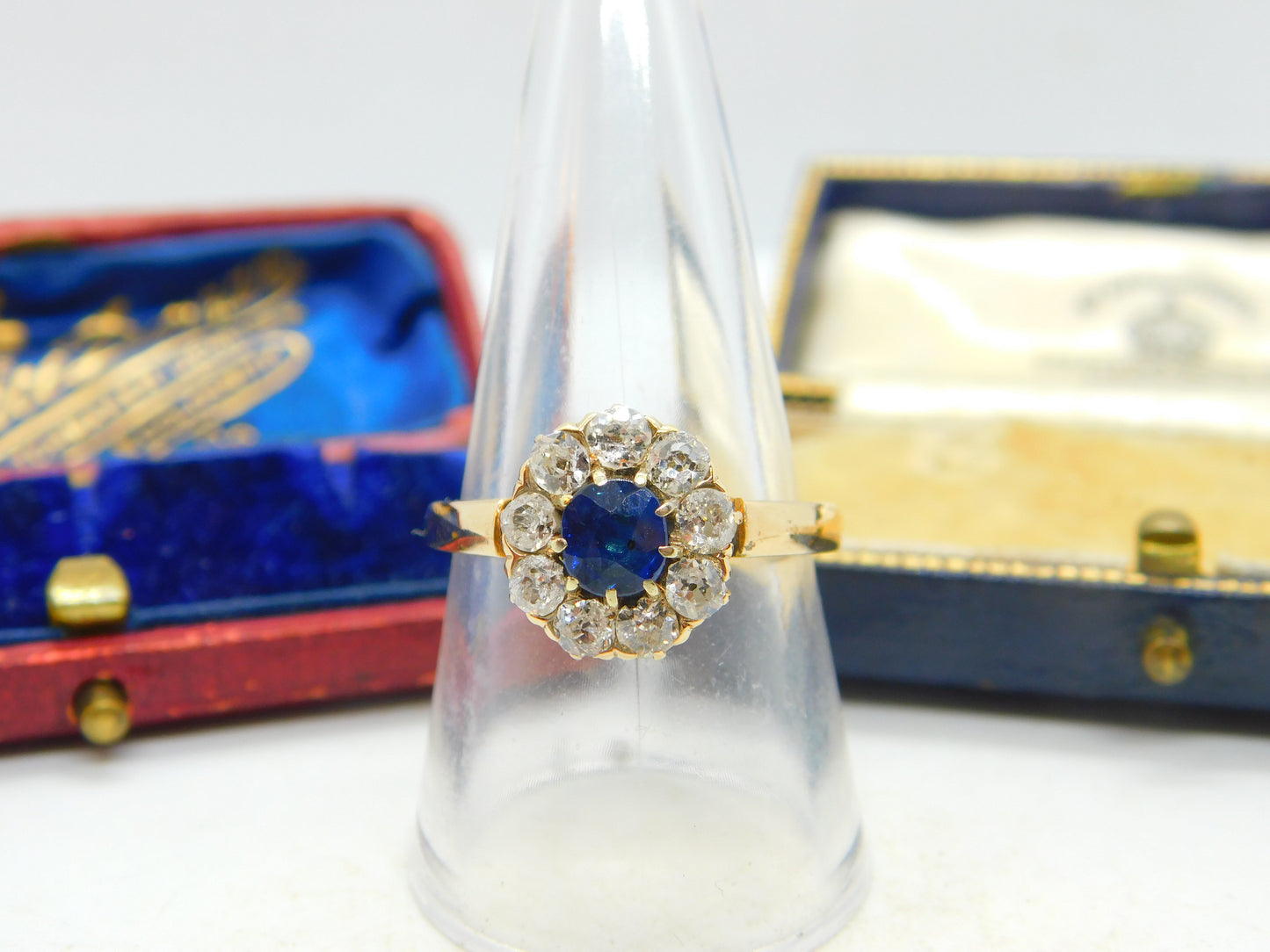 Sapphire and 2ct Diamond 14ct Yellow Gold Cluster Ring Vintage Art Deco c1920