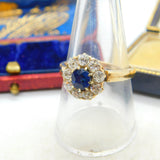 Sapphire and 2ct Diamond 14ct Yellow Gold Cluster Ring Vintage Art Deco c1920
