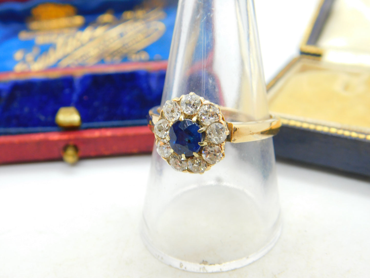 Sapphire and 2ct Diamond 14ct Yellow Gold Cluster Ring Vintage Art Deco c1920