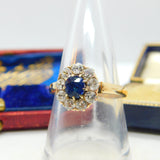 Sapphire and 2ct Diamond 14ct Yellow Gold Cluster Ring Vintage Art Deco c1920