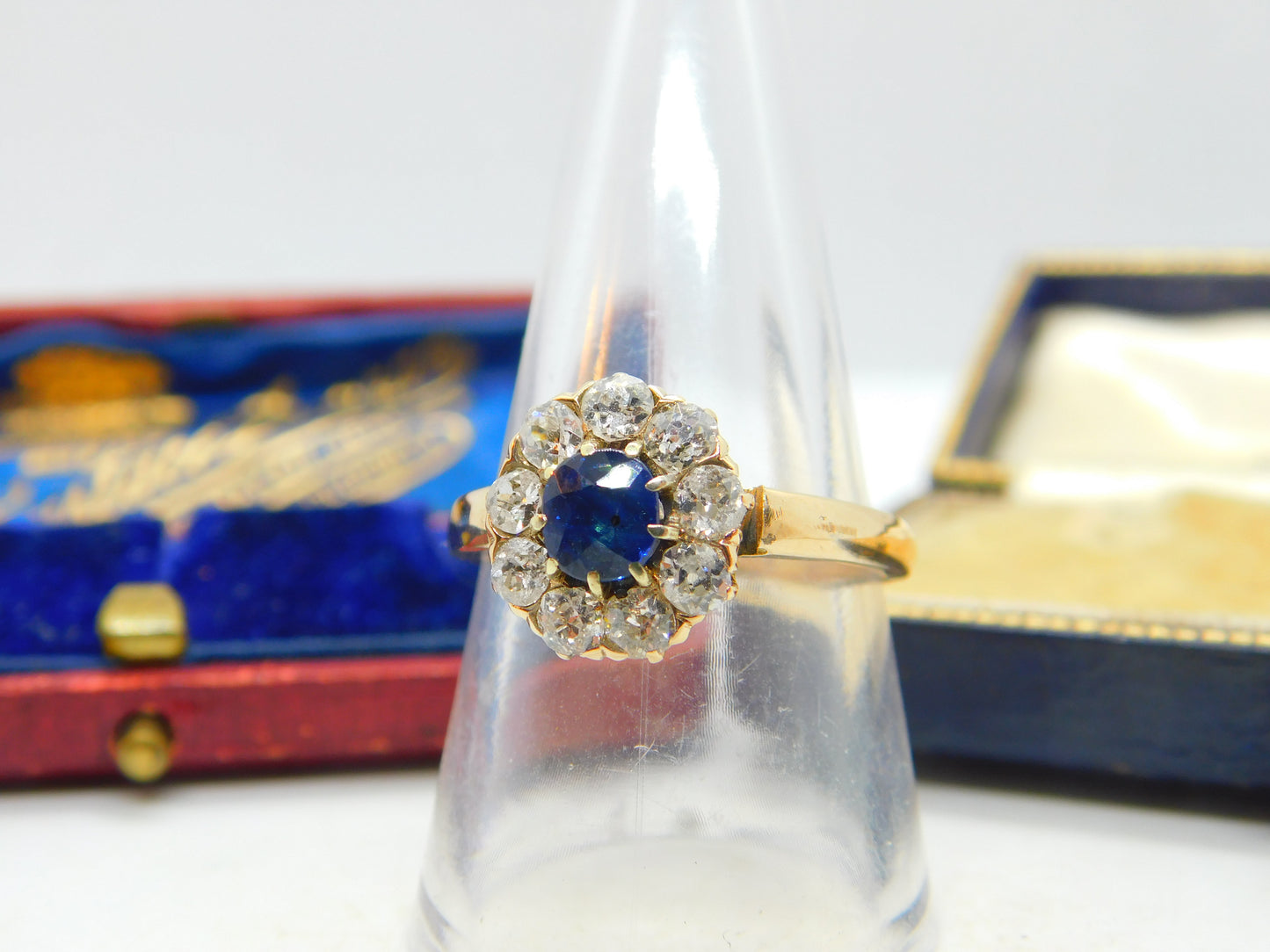 Sapphire and 2ct Diamond 14ct Yellow Gold Cluster Ring Vintage Art Deco c1920