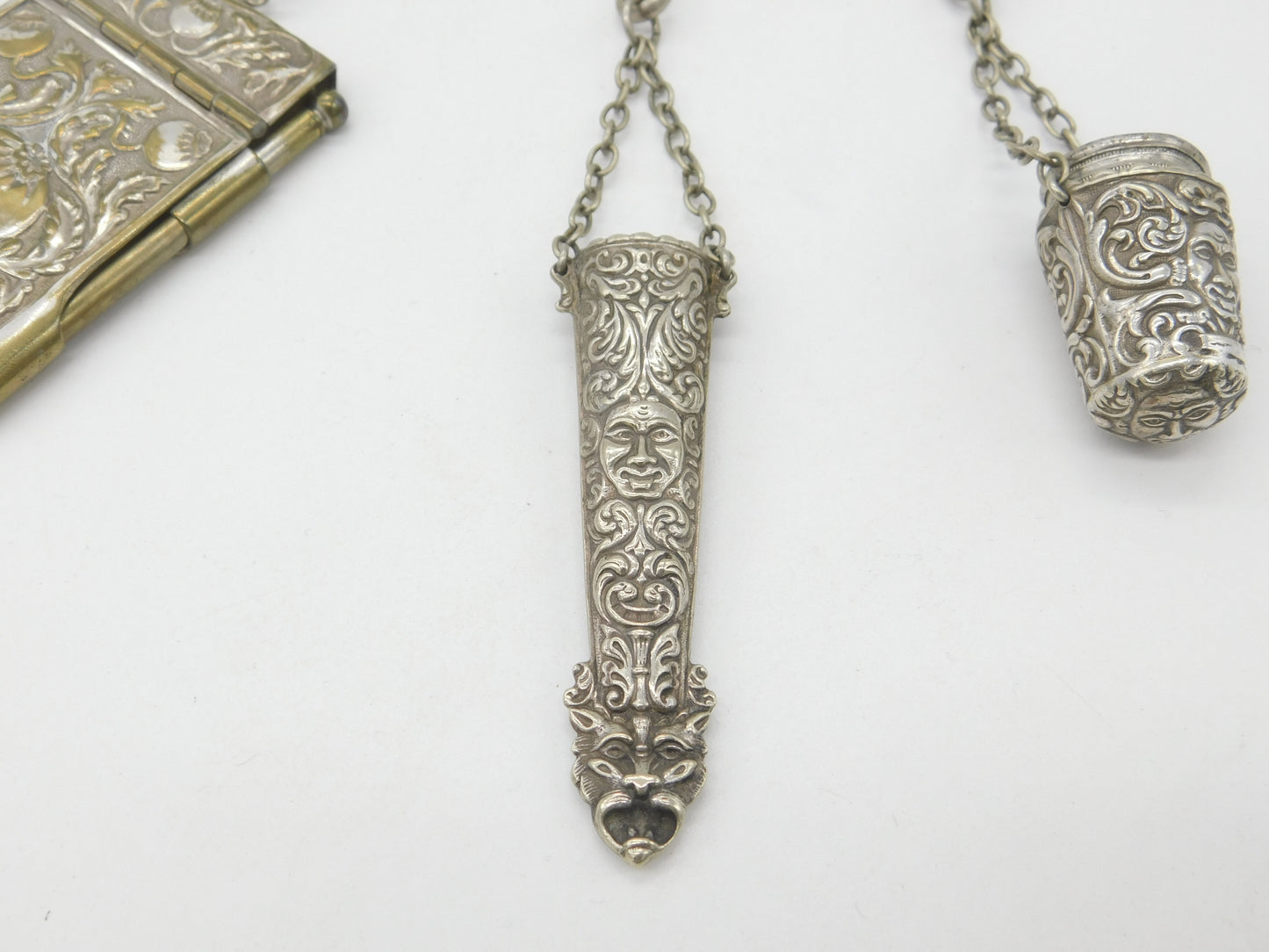 Victorian Art Nouveau Silver Plated Sewing Chatelaine with Tools c1880 Antique