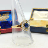 Sapphire and 2ct Diamond 14ct Yellow Gold Cluster Ring Vintage Art Deco c1920