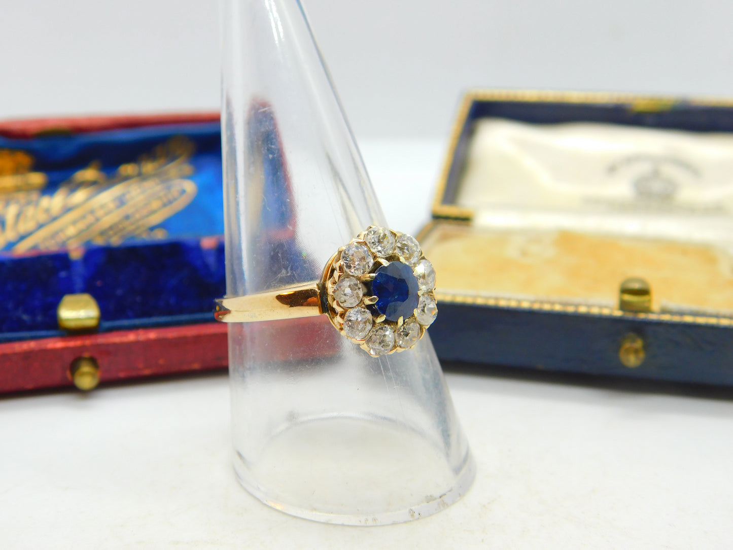 Sapphire and 2ct Diamond 14ct Yellow Gold Cluster Ring Vintage Art Deco c1920