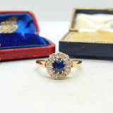Sapphire and 2ct Diamond 14ct Yellow Gold Cluster Ring Vintage Art Deco c1920