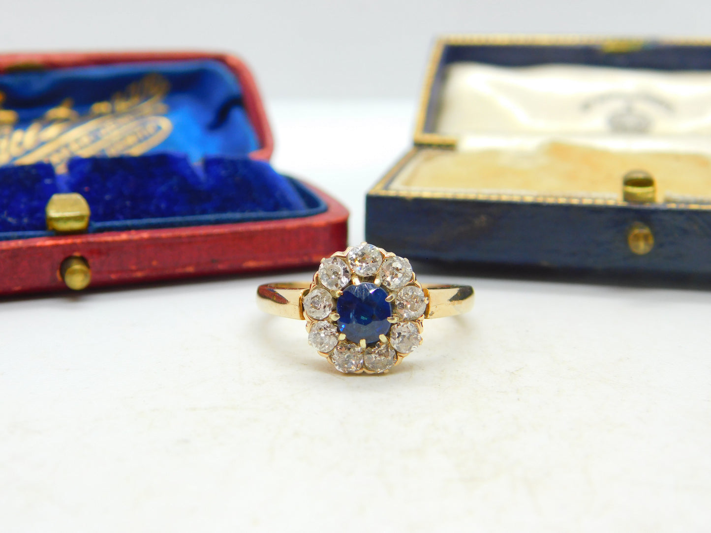 Sapphire and 2ct Diamond 14ct Yellow Gold Cluster Ring Vintage Art Deco c1920