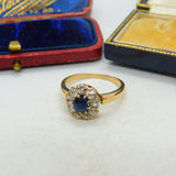 Sapphire and 2ct Diamond 14ct Yellow Gold Cluster Ring Vintage Art Deco c1920