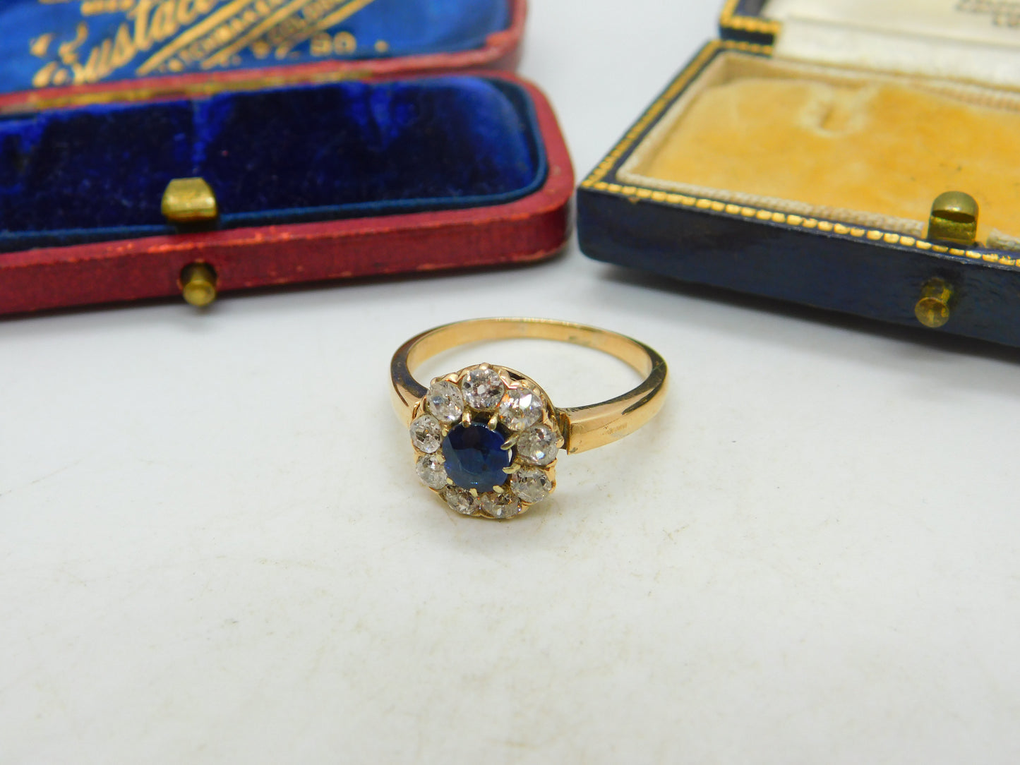 Sapphire and 2ct Diamond 14ct Yellow Gold Cluster Ring Vintage Art Deco c1920