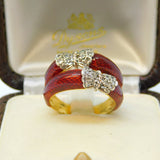 18ct Yellow Gold, Red Enamel & Diamond Set Butterfly Engagement Ring Vintage