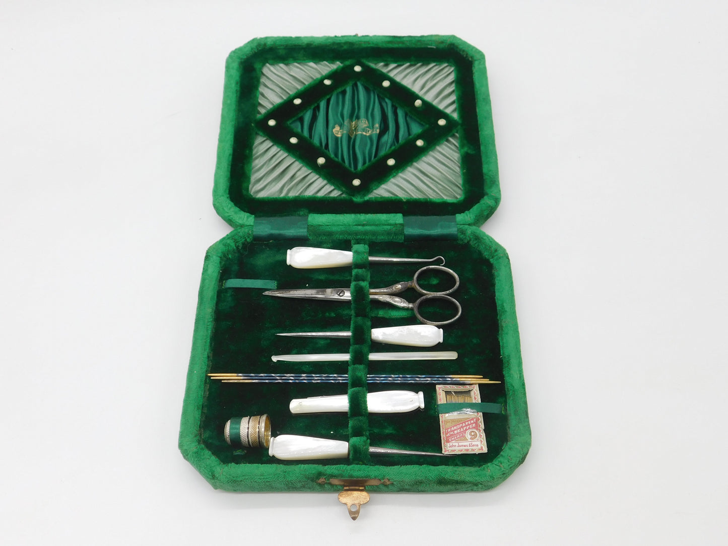 Boxed Victorian Mother of Pearl & Steel Complete Sewing Set c1880 Antique