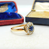 Sapphire and 2ct Diamond 14ct Yellow Gold Cluster Ring Vintage Art Deco c1920