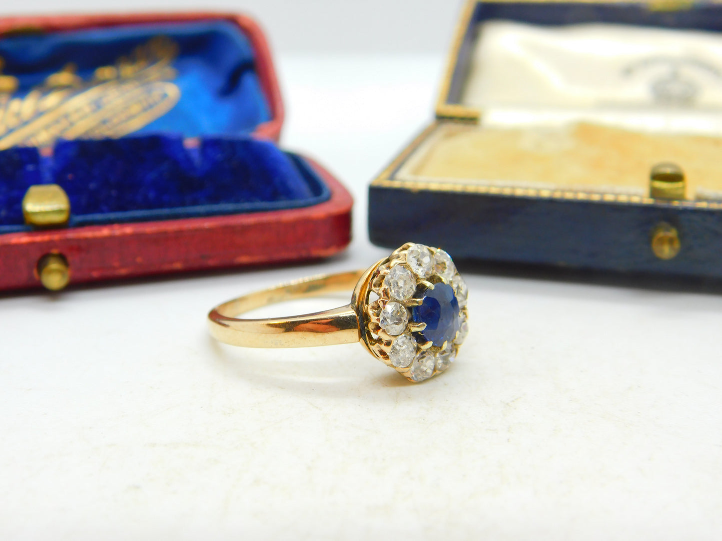 Sapphire and 2ct Diamond 14ct Yellow Gold Cluster Ring Vintage Art Deco c1920