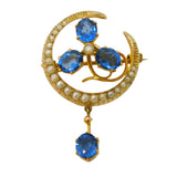 Edwardian 9ct Gold, Sapphire & Pearl Shamrock & Crescent Pendant c1910 Antique